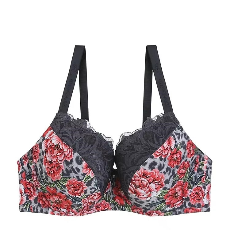 Leopard & Floral Print Plus Size Sexy Lace E Cup Push Up Bra