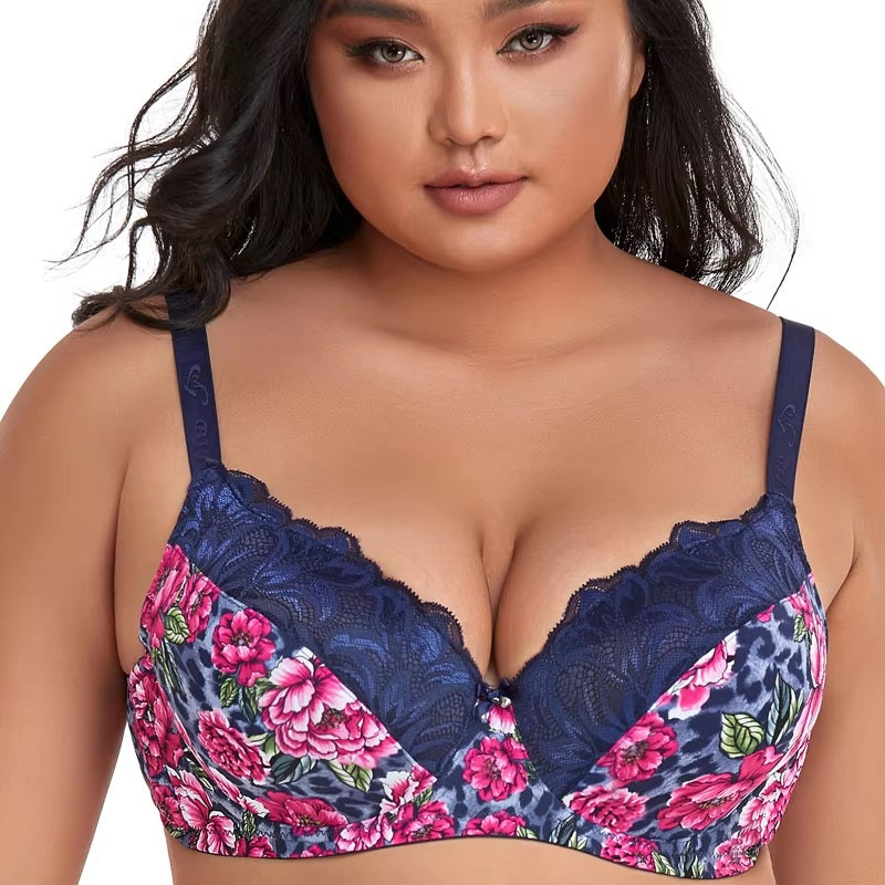 Leopard & Floral Print Plus Size Sexy Lace E Cup Push Up Bra