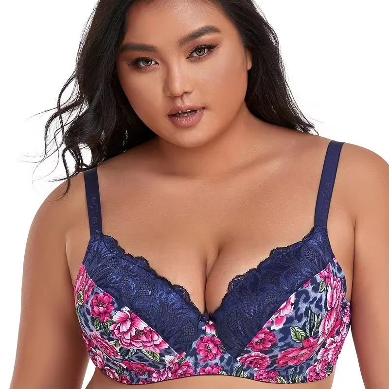 Leopard & Floral Print Plus Size Sexy Lace E Cup Push Up Bra