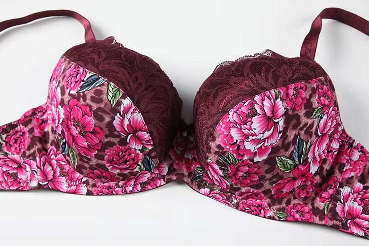 Leopard & Floral Print Plus Size Sexy Lace E Cup Push Up Bra