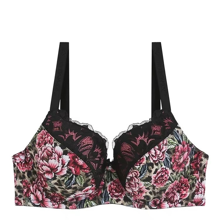 Leopard & Floral Print Plus Size Sexy Lace E Cup Push Up Bra