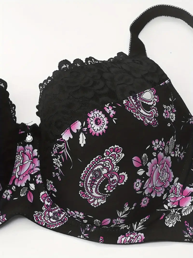 Floral & Paisley Print Contrast Lace DD Cup Molded Bra